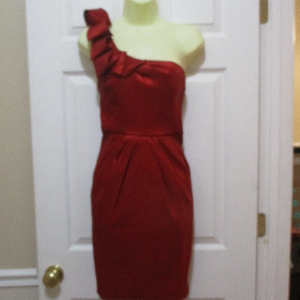 Ruby Red Taffeta One Shoulder Ruffle Cocktail Mini Dress sz 7